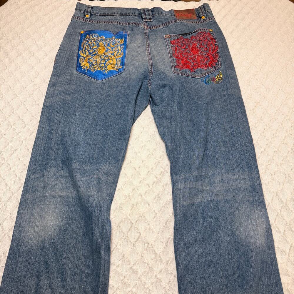 Coogi Mens Denim Embroidered Parrot Jeans Pockets light Wash Blue 42x34